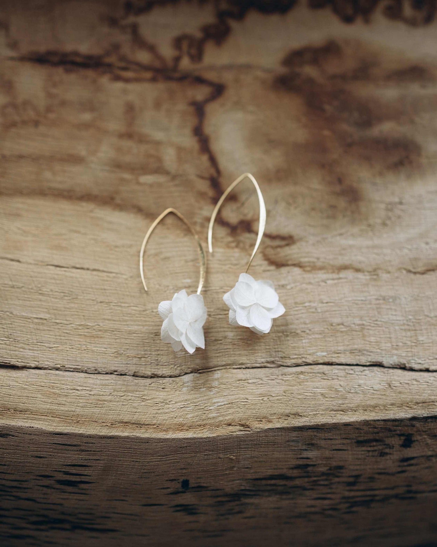 Boucles d'oreilles pendantes pour mariage en fleurs stabilisées blanches, et crochet doré ou argenté, pour un mariage bohème chic.