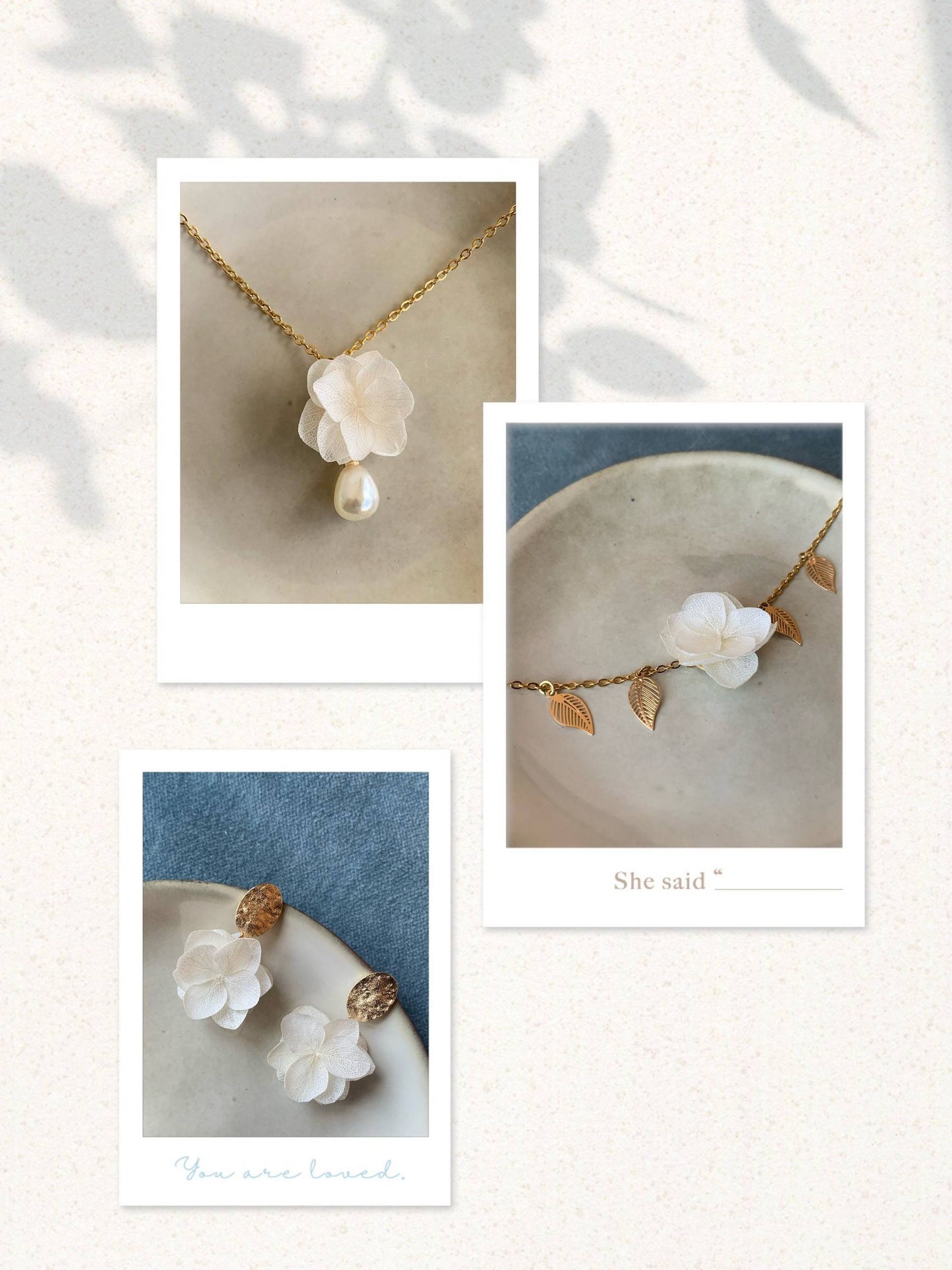 Parure de bijoux mariage fleur : boucles d’oreilles artisanales avec hortensias stabilisés blanc, un accessoire chic et romantique.