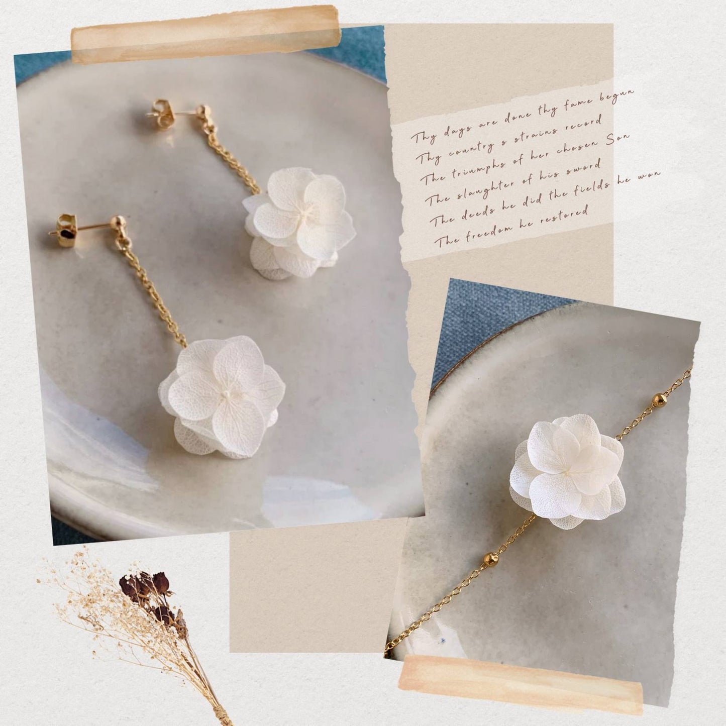 Bracelet de mariage chic Hana&Alice, avec des hortensias blancs stabilisés, un accessoire fait main pour mariée élégante.