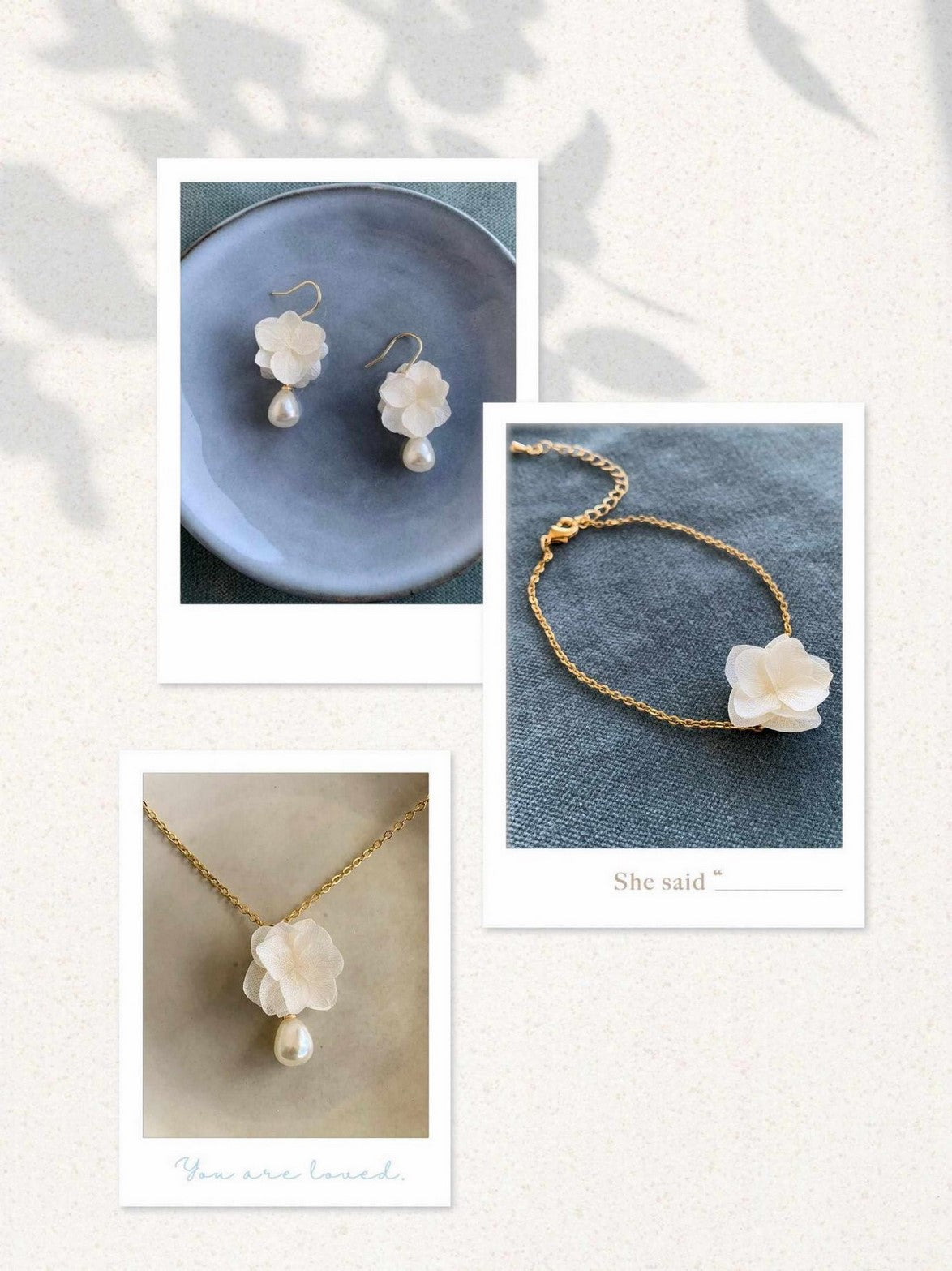 Parure pour mariée Hana&Alice, des pièces uniques avec fleurs naturelles stabilisées et perle goutte.