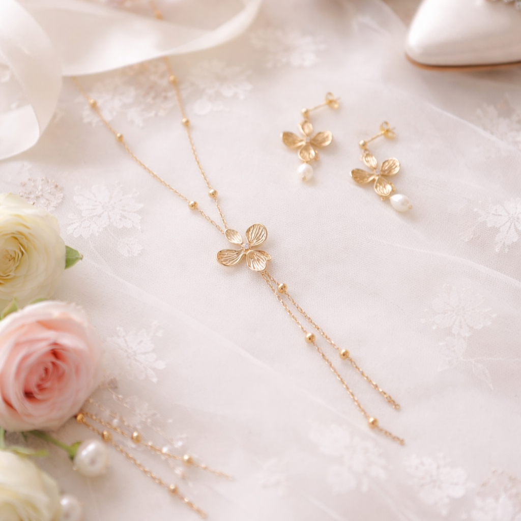 SOFIA FLORAL – Brautkette mit goldener Blüte und Kettenanhänger, Halskette für die Braut mit Goldblume, Hochzeits-Blumenschmuck, eleganter Brautschmuck.