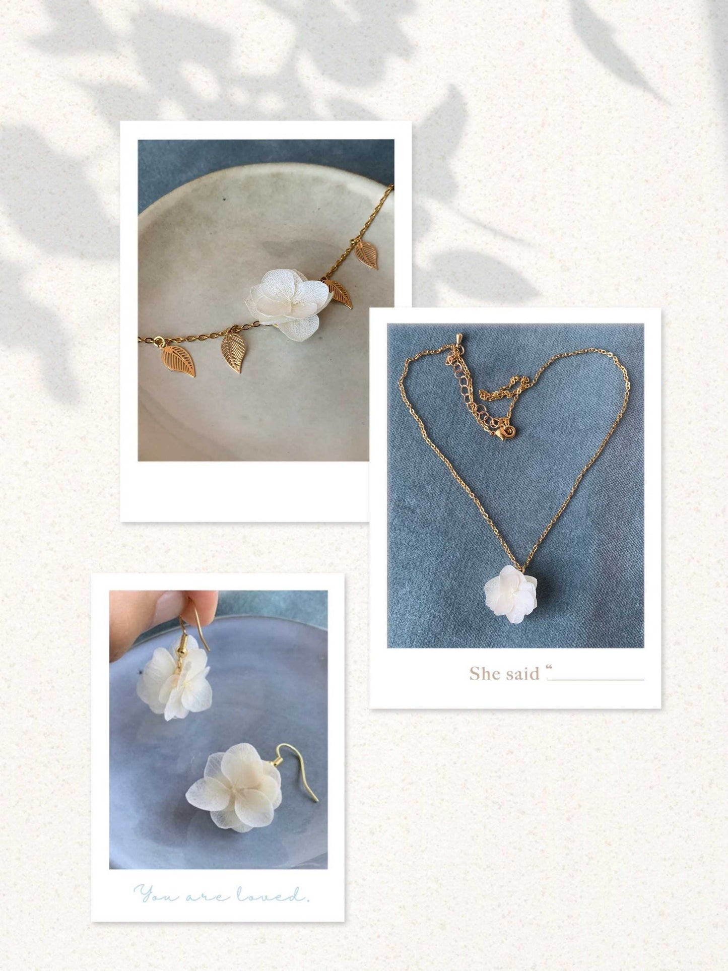 Bijoux faits main pour mariage : boucles d'oreilles avec fleurs d'hortensias stabilisés blancs crème.