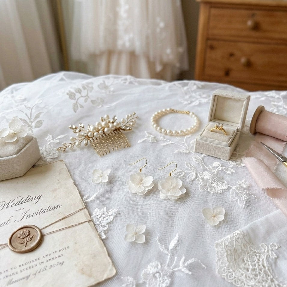 Bijoux faits main pour mariage : boucles d'oreilles avec fleurs d'hortensias stabilisés blancs crème.