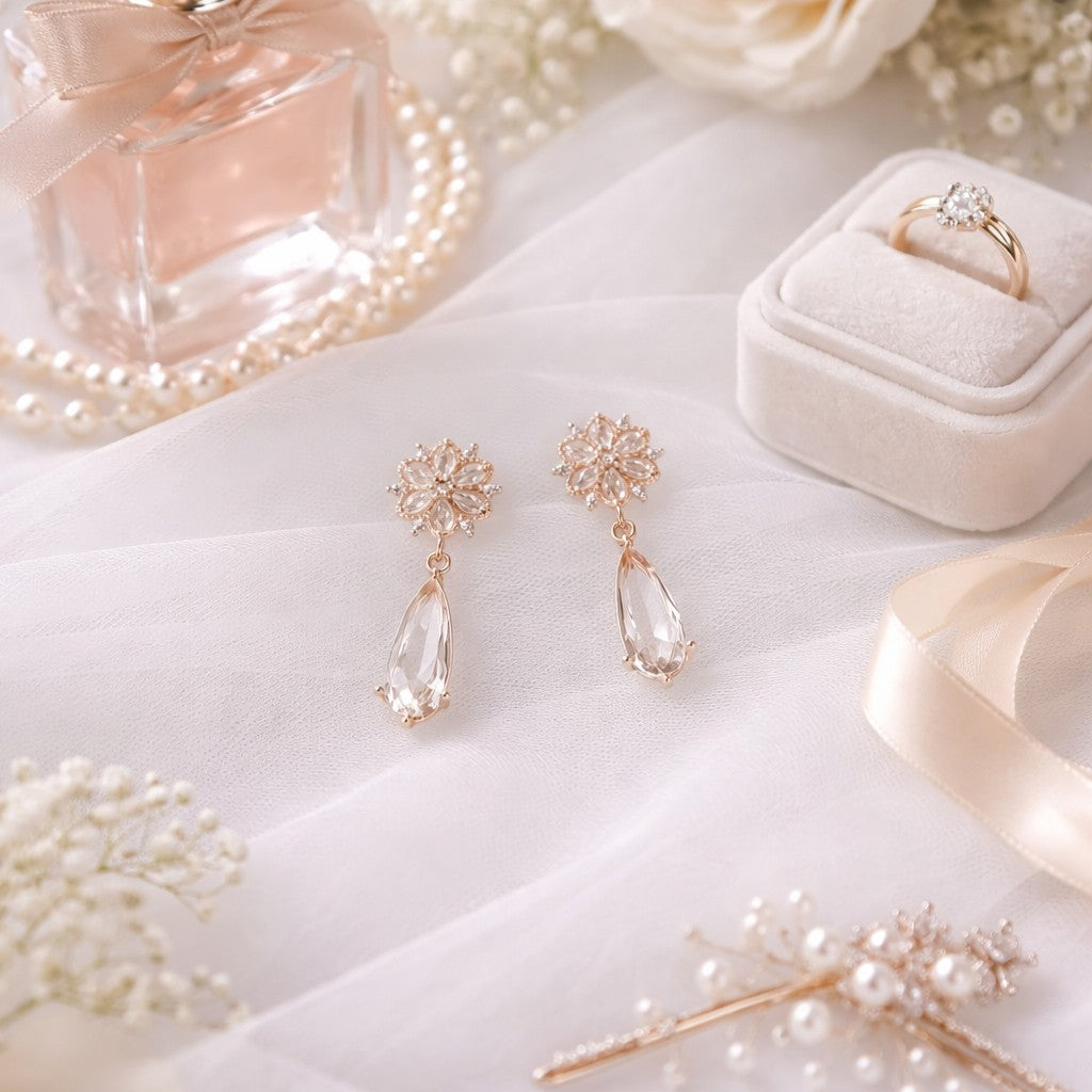 Boucles d’oreilles à clips mariage chic avec fleur scintillante et pendentif cristal en goutte