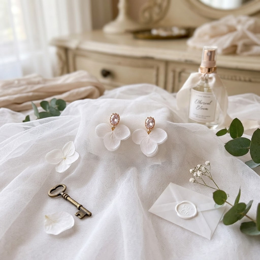 Boucles d’oreilles Hana&Alice pour mariage avec fleurs blanches stabilisées et clous en cristal