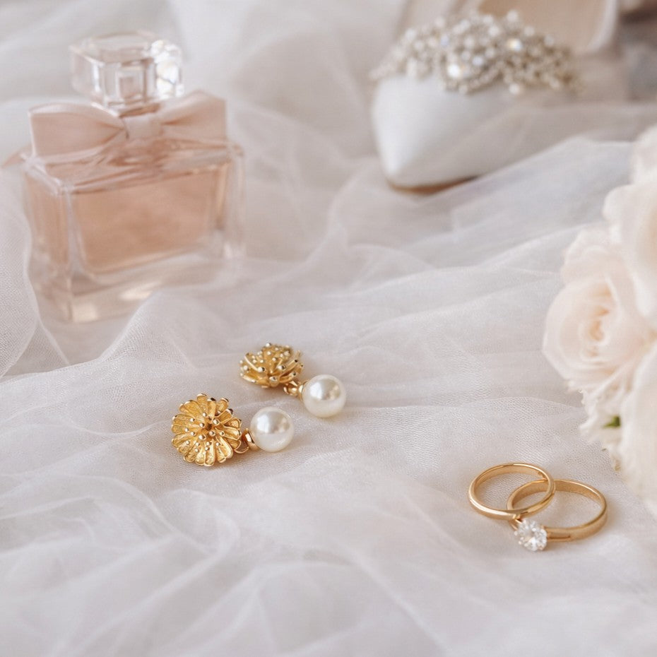 Boucles d’oreilles marguerite chic et perle, bijoux mariage perle et cadeau pour elle.