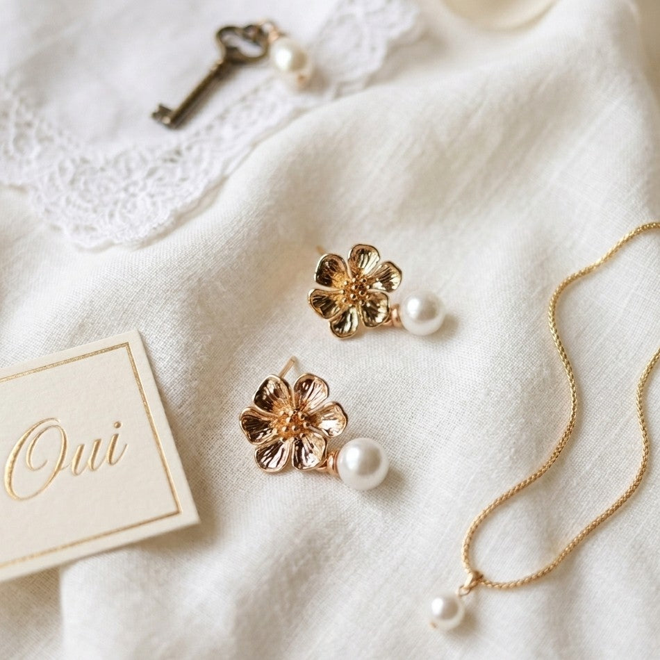 bijoux mariage raffinés fleur dorée et perle faits main