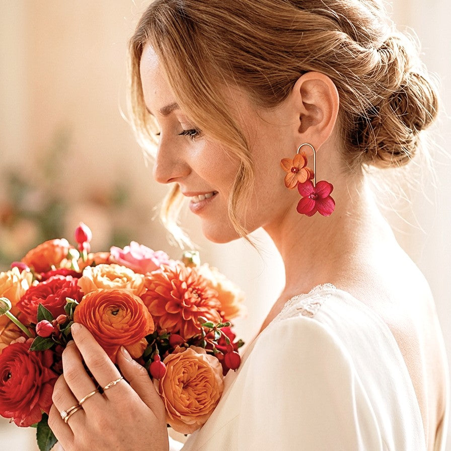 boucles d’oreilles fleurs stabilisées rouge et fuchsia bijou bohème chic mariage