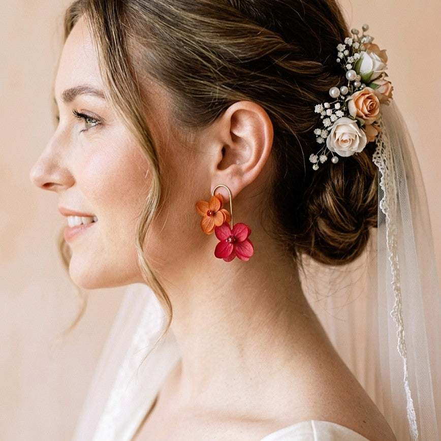 boucles d’oreilles fleurs stabilisées rouge et terracotta style bohème chic faits main