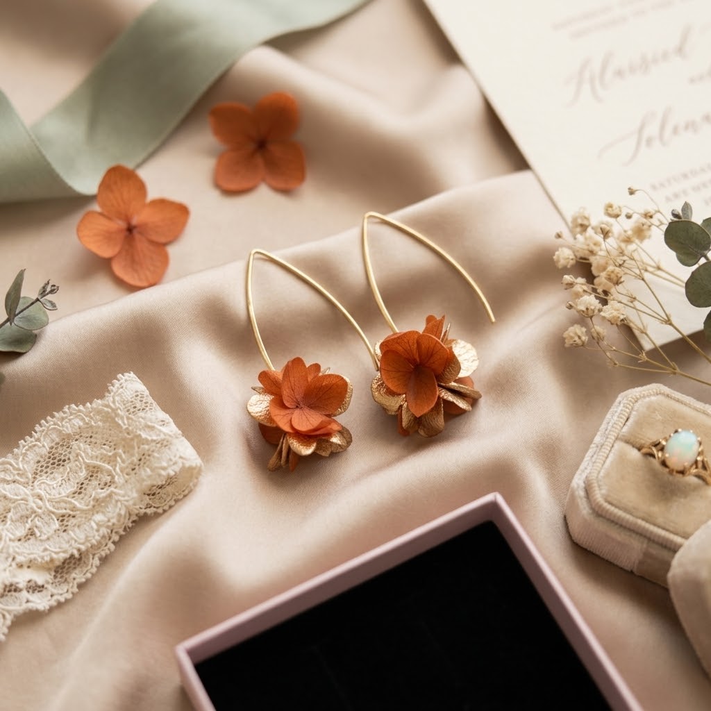 Boucles d’oreilles mariage bohème en fleurs d’hortensia stabilisées, artisanat français.