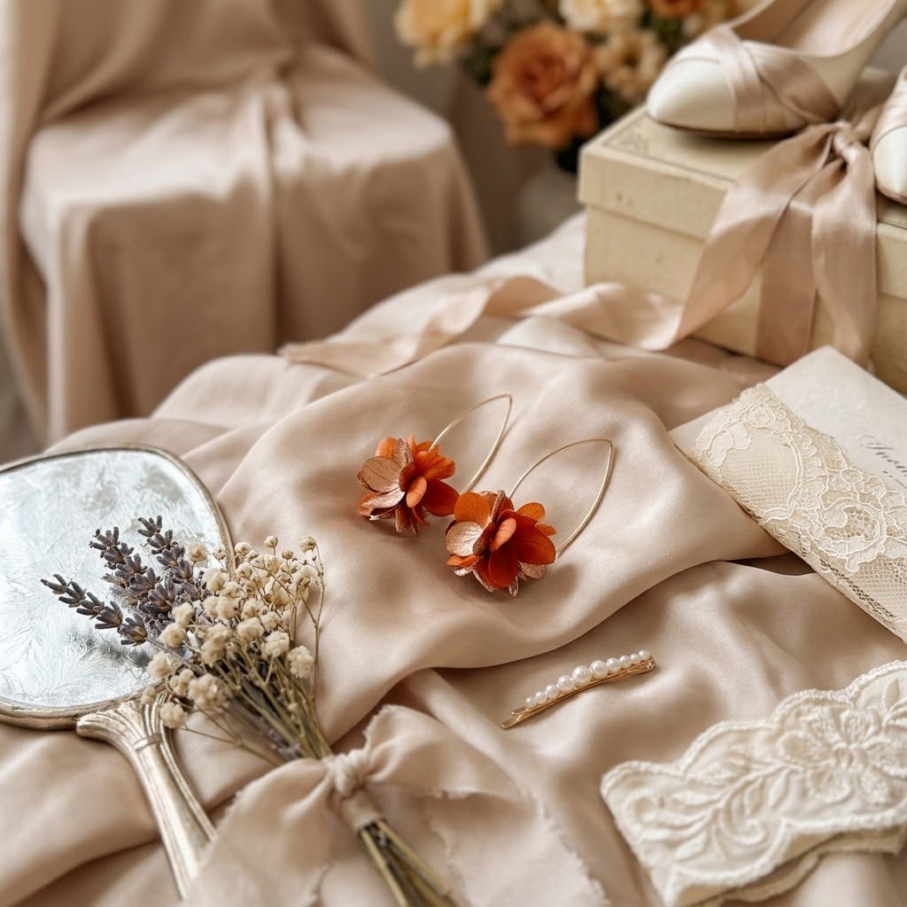 Boucles d’oreilles mariage bohème chic en fleurs d’hortensia stabilisées doré et terracotta, artisanat français.