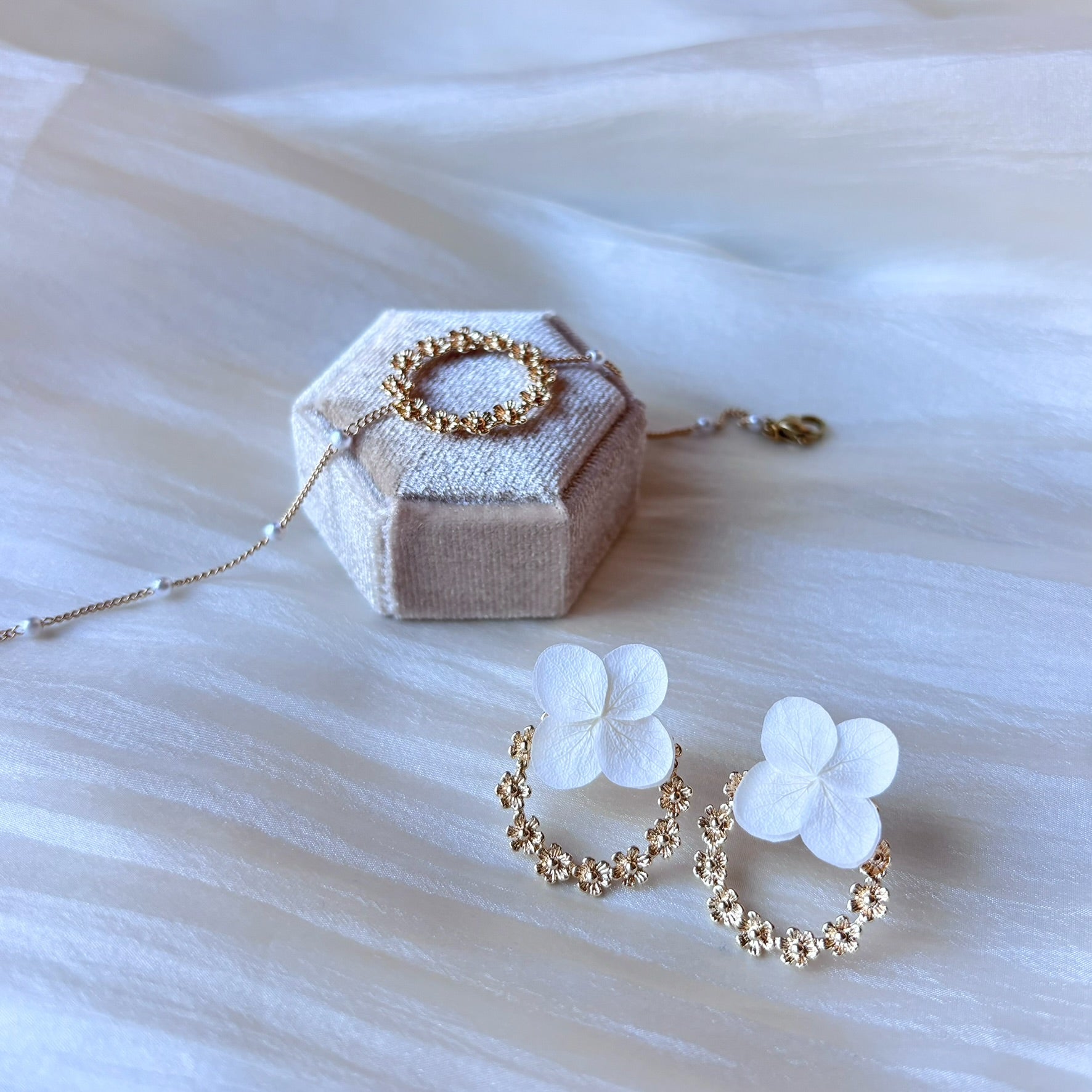 Bijoux faits main pour mariage : boucles d'oreilles fleuries avec couronne métallique dorée.