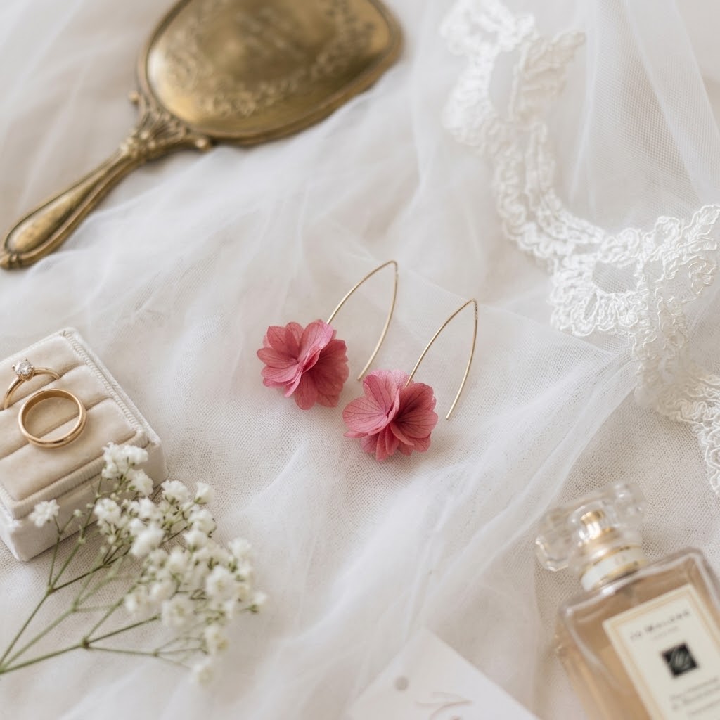 Bijoux fleurs rose poudré pour mariage - Boucles d'oreilles délicates et naturelles, parfaites pour la mariée ou ses demoiselles d’honneur.