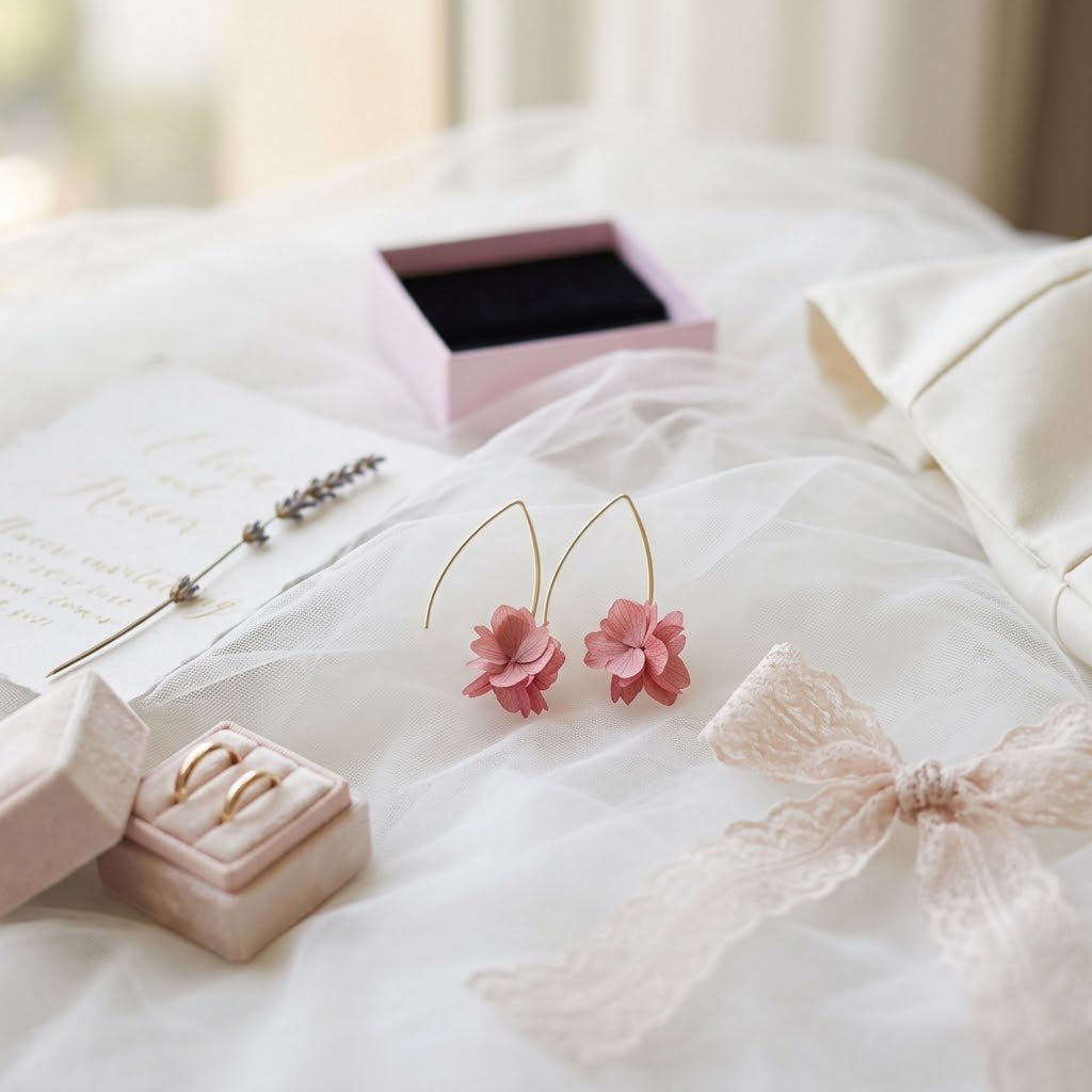 Bijoux mariage vieux rose pour demoiselles d’honneur - Boucles d'oreilles pendantes en fleurs stabilisées, parfaites pour un mariage plein de douceur.