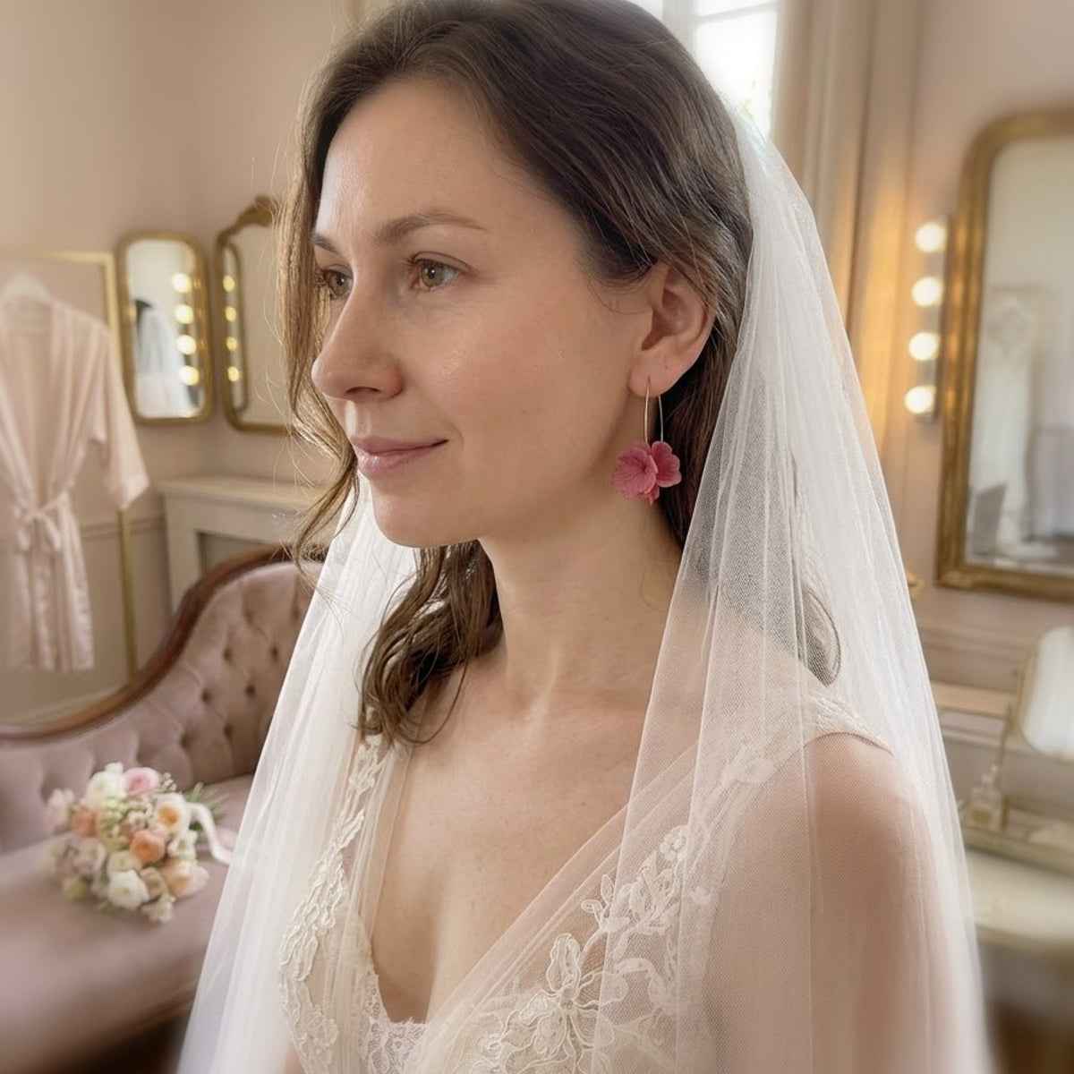 Boucles d’oreilles fleuries pour mariage, composées de fleurs stabilisées vieux rose et d’un crochet doré