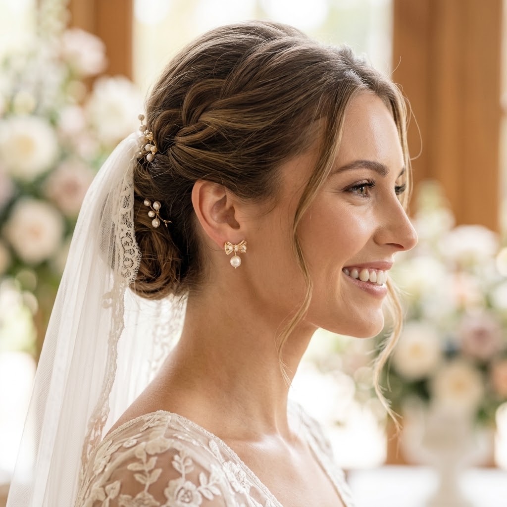 Détail des boucles d’oreilles dorées avec mini zircons et perle ronde texturée