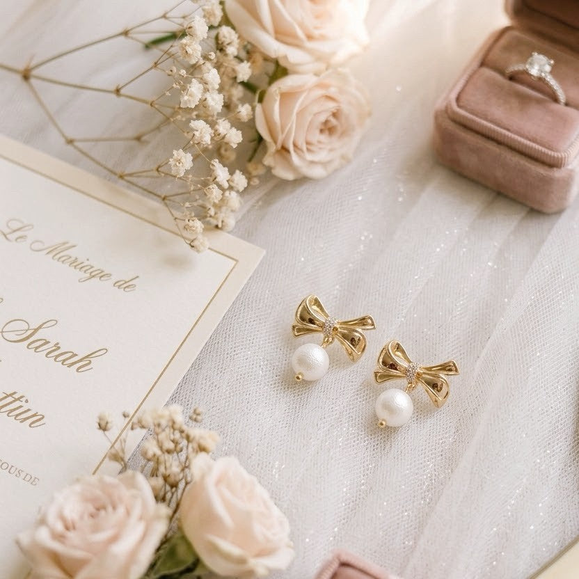 Boucles d’oreilles raffinées pour mariage avec nœud doré et perle texturée