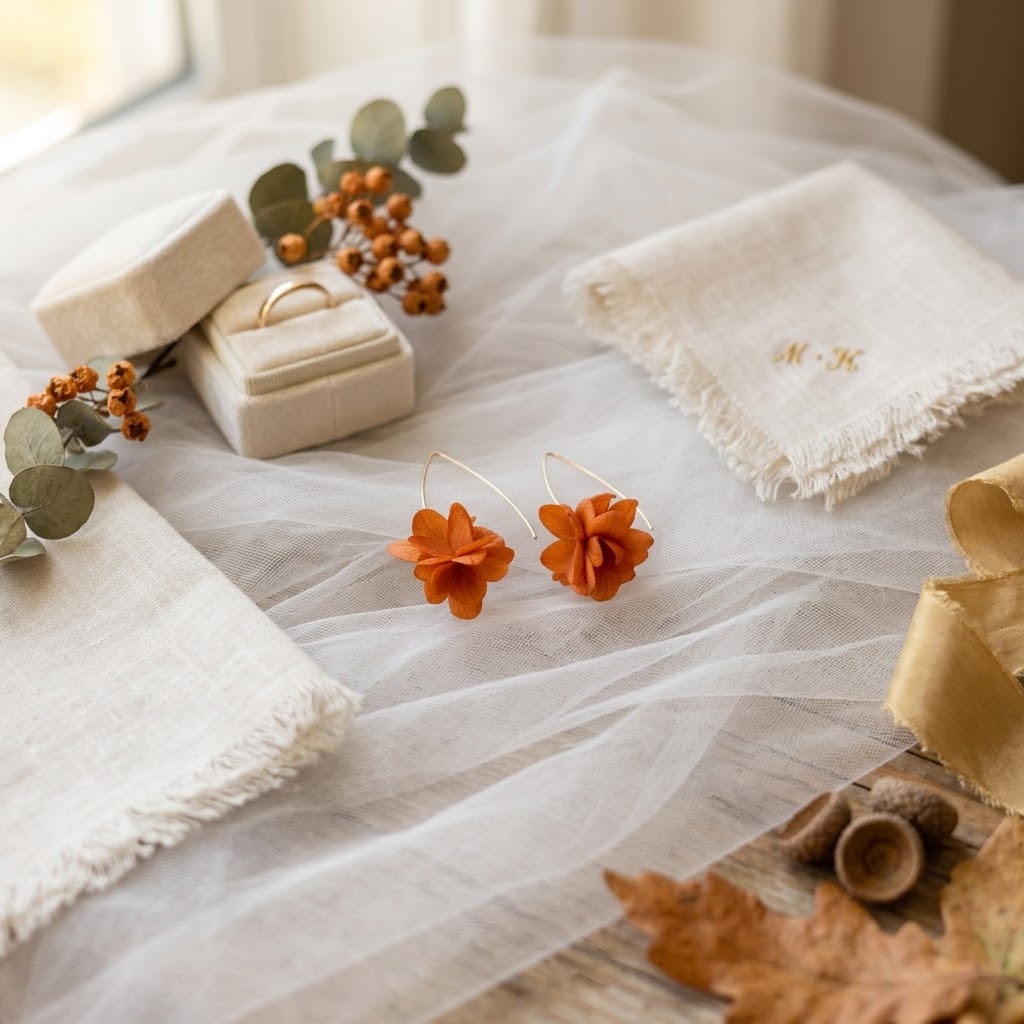 Boucles d’oreilles en crochet fait main et fleurs stabilisées pour mariage champêtre bohème au thème automnal