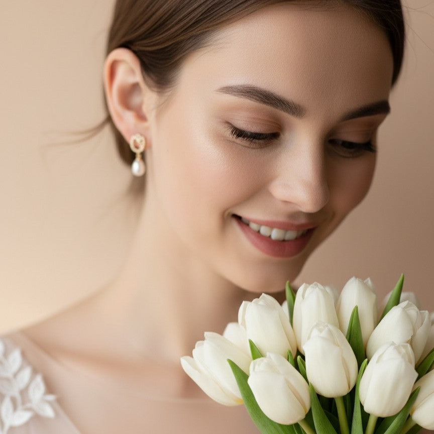 Boucles d’oreilles clips perle et zircon, tulipe dorée pour mariée féminine et délicate.