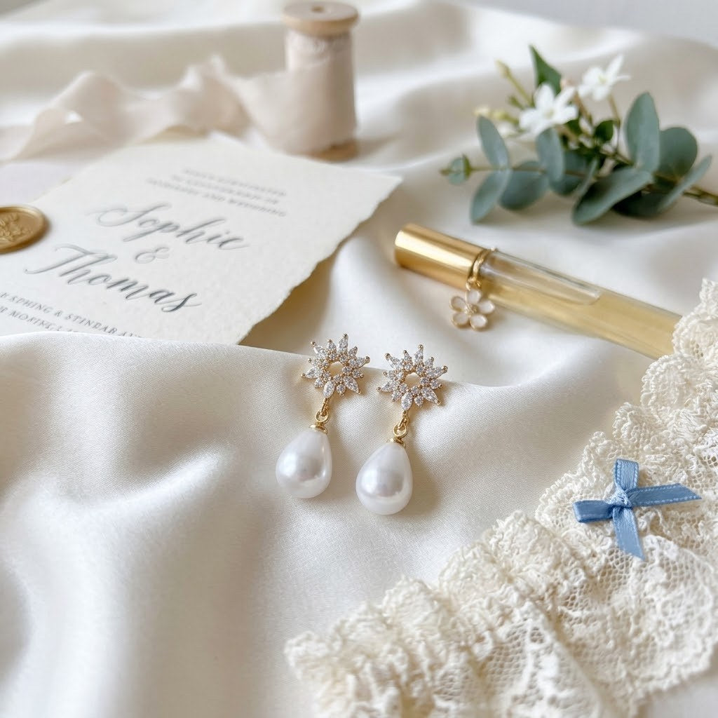 Boucles d’oreilles avec zircons scintillants et perle blanche pour mariée ou invitée