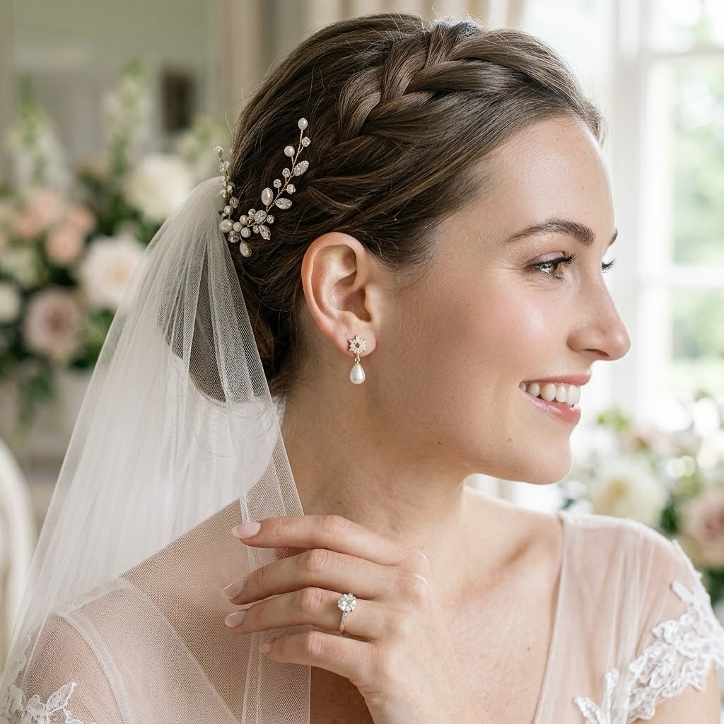 Boucles d’oreilles pour demoiselle d’honneur avec fleurs en zircons et perle délicate