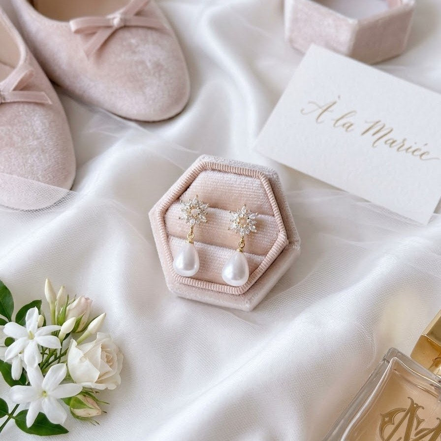 Boucles d’oreilles romantiques avec fleurs en zircon et perle goutte pour femme