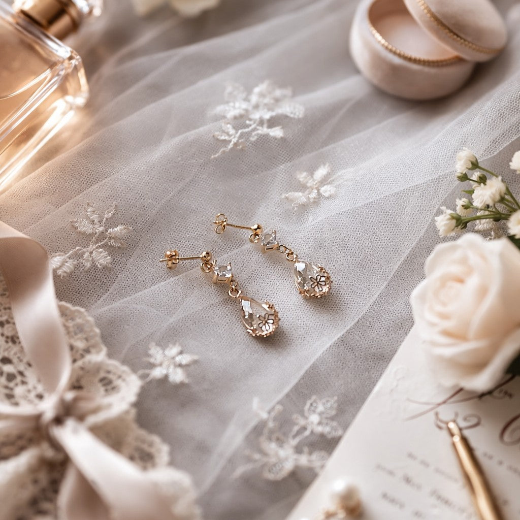 Boucles d’oreilles mariée chic bille dorée et pendentif goutte transparente fleurie