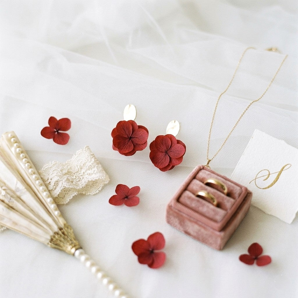 Bijoux invités mariage rouge élégants avec clous martelés et fleurs stabilisées