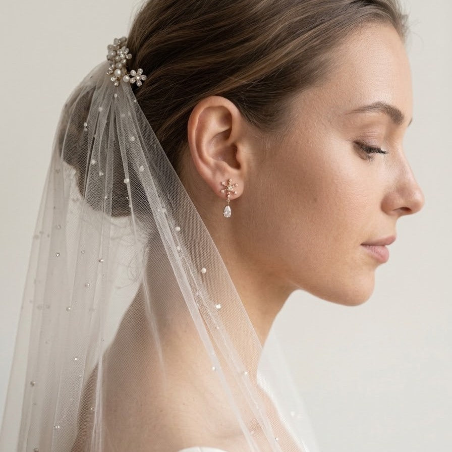 Boucles d’oreilles flocon en zircon avec pendentif goutte doré