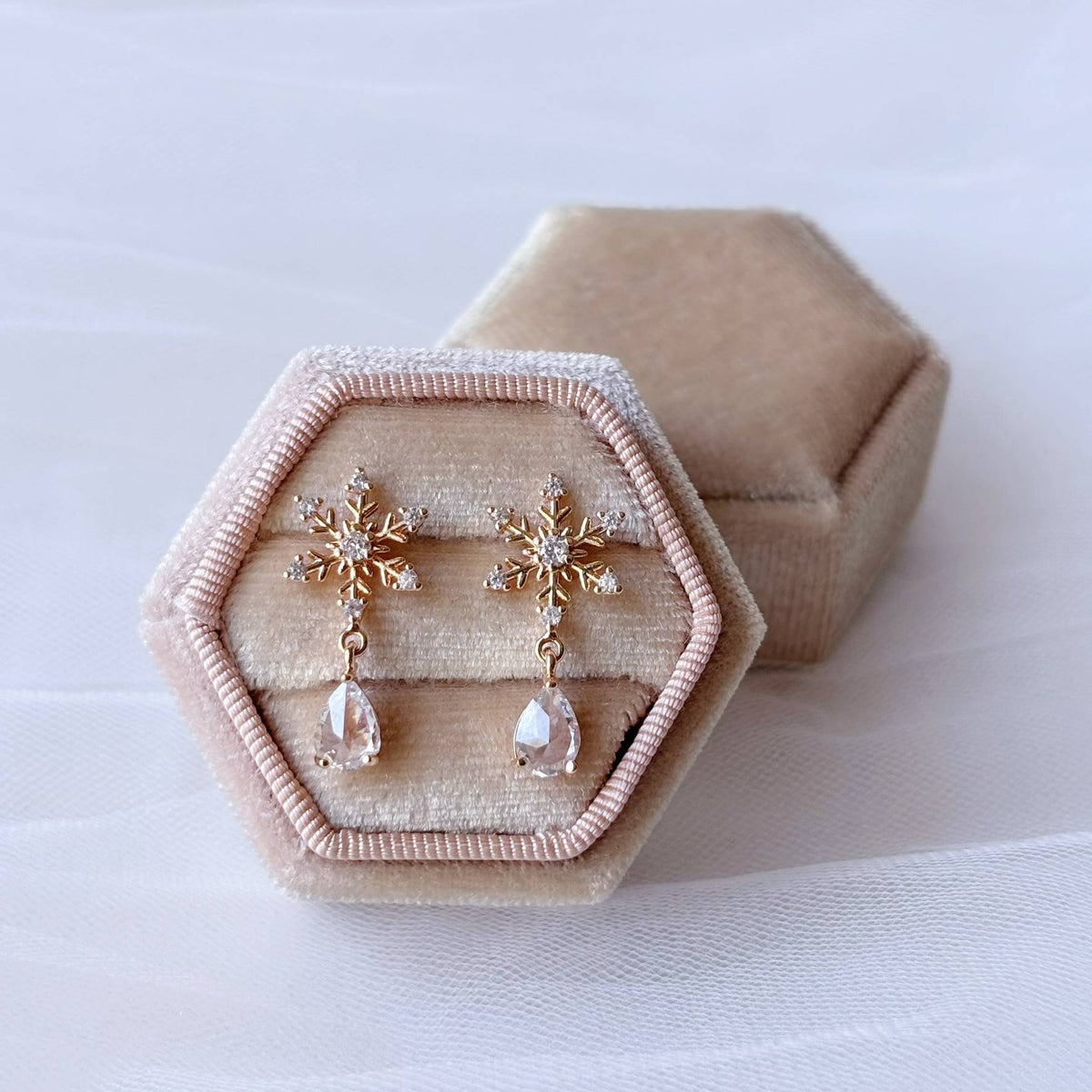 Boucles d’oreilles flocon de neige en zircon pour mariée et invitée