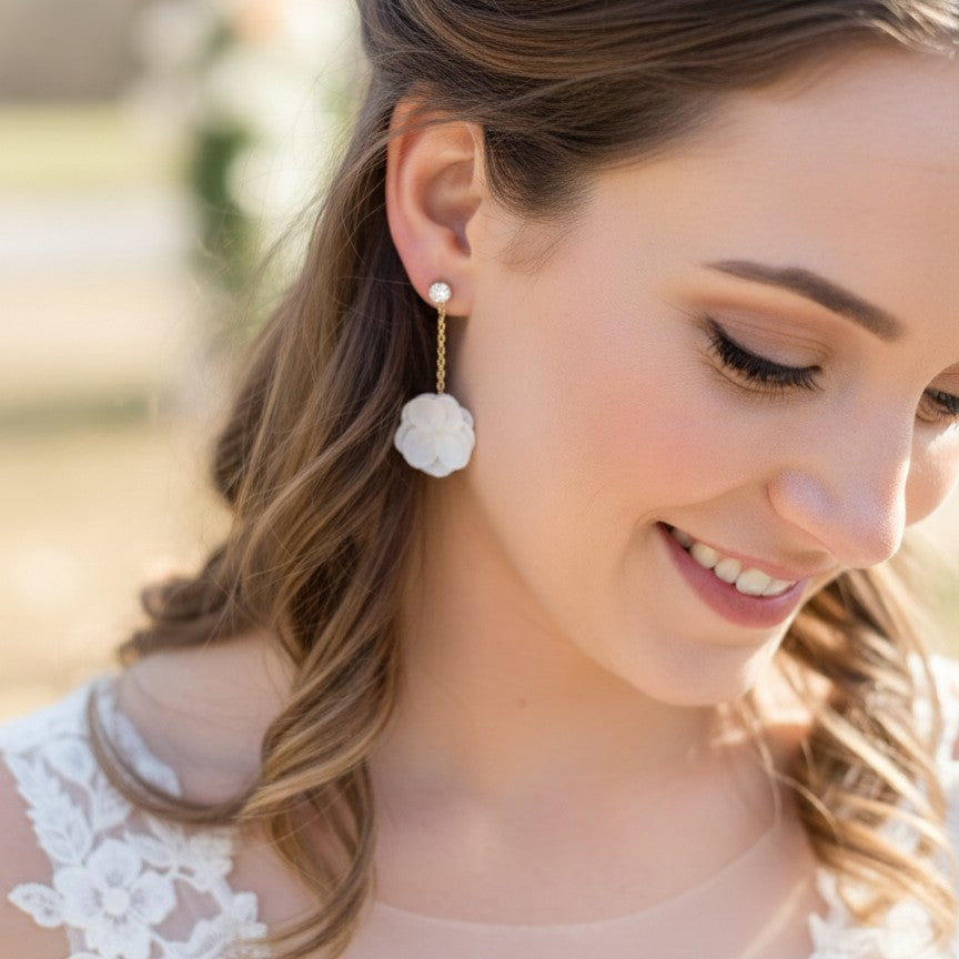 Boucles d’oreilles mariage artisanales hortensias stabilisés blancs zircon