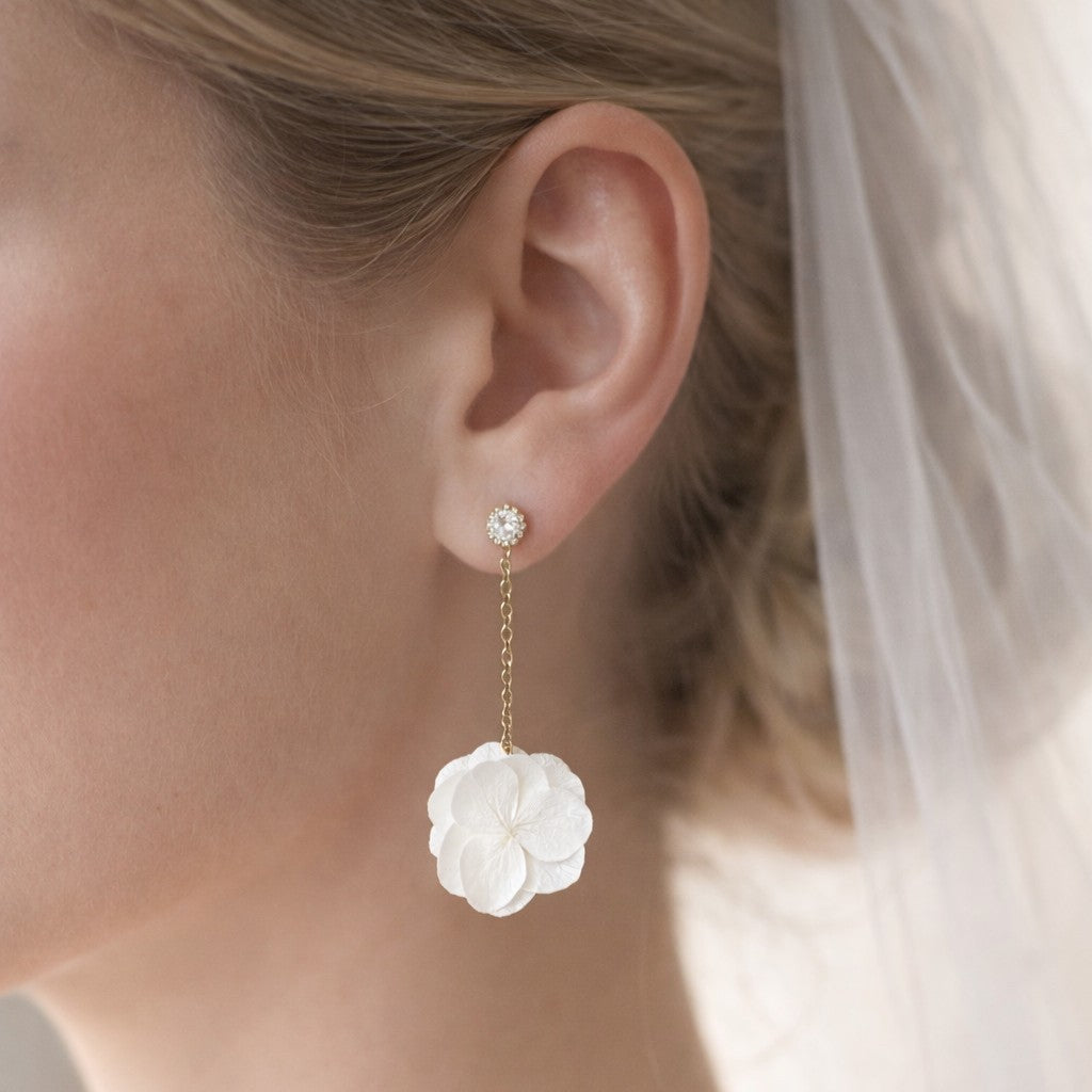 Boucles d’oreilles pendantes mariée légères fleurs stabilisées blanches zircon