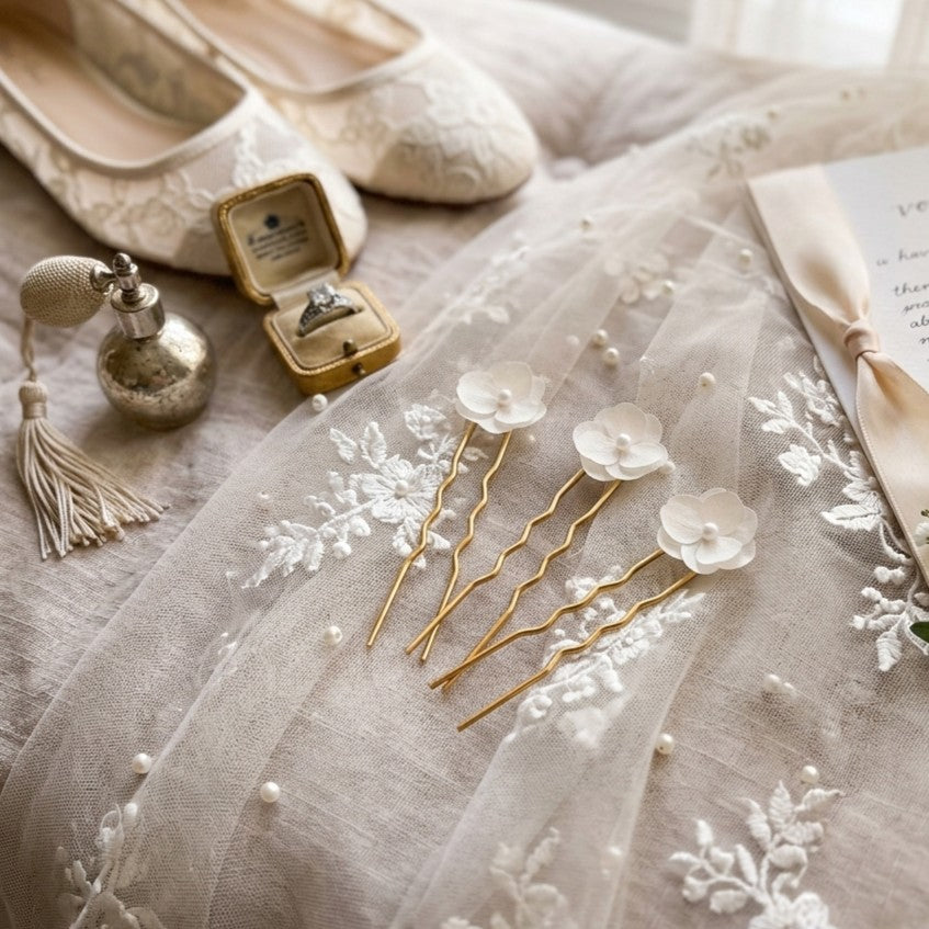 Pique chignon mariage fleurs stabilisées blanches – accessoire cheveux fait main Hana&Alice