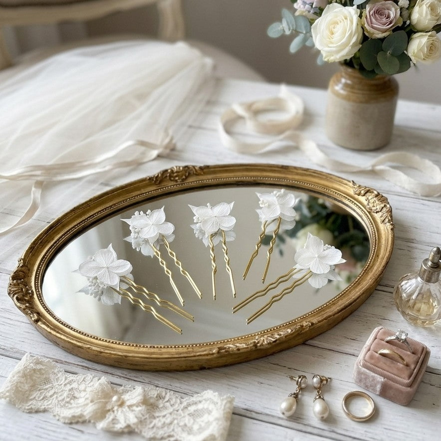 Piques à chignon mariage Hana&Alice ornées de fleurs stabilisées blanches pour une coiffure de mariée poétique